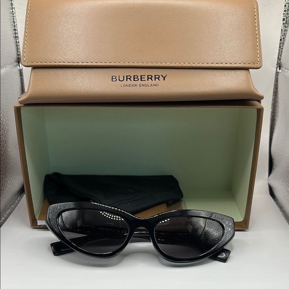 Burberry Black Oval Sunglasses with Glossy Finish